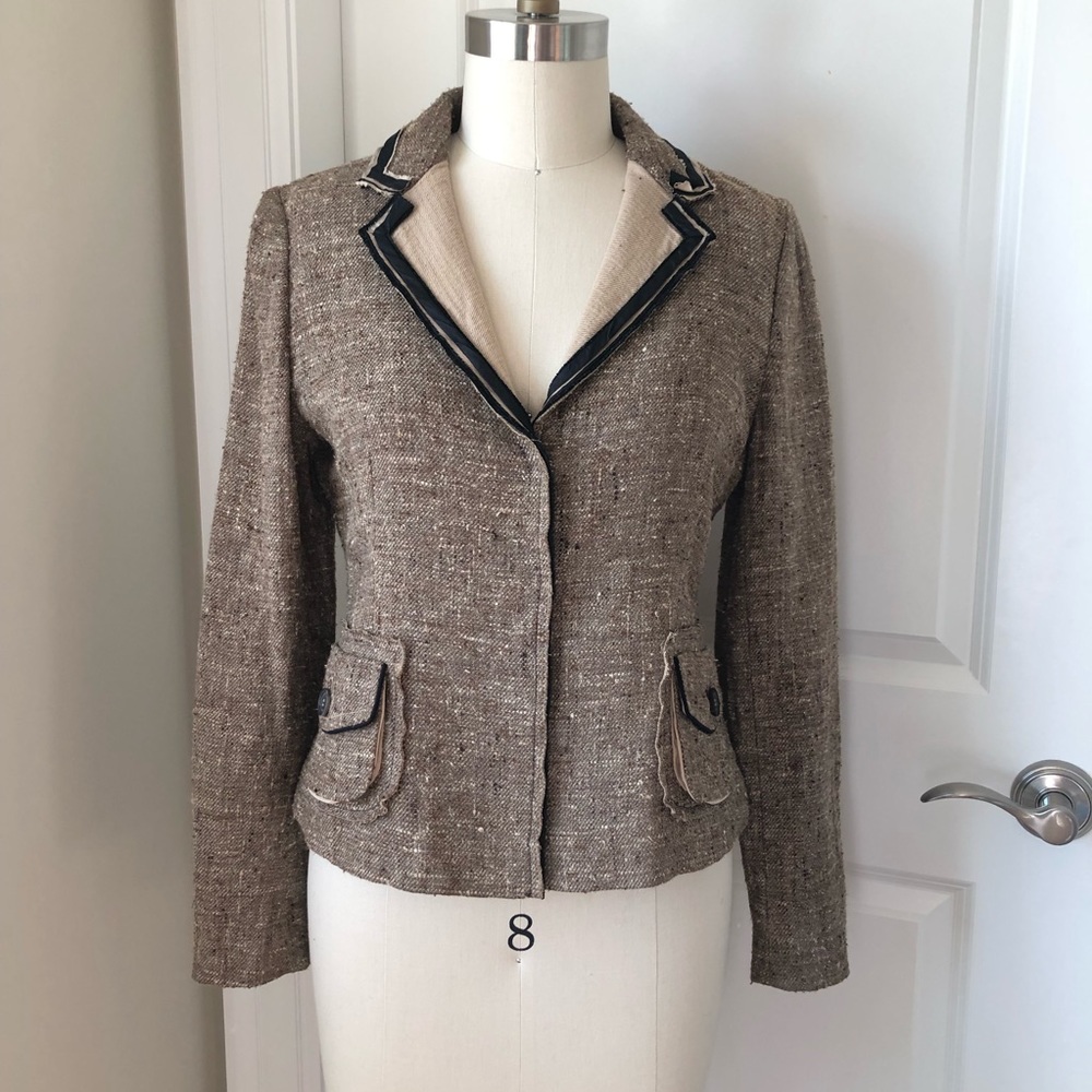 PRADA Silk Tweed Black Trim Beige Blazer 03-5245-8581